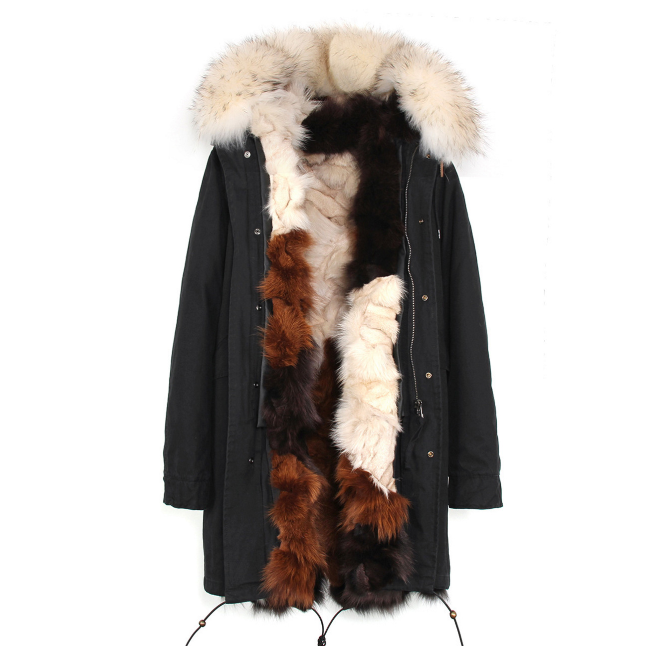 Raccoon Fur Trimmed Hooded Parka with Detachable Fox Fur Liner 134b Details 4