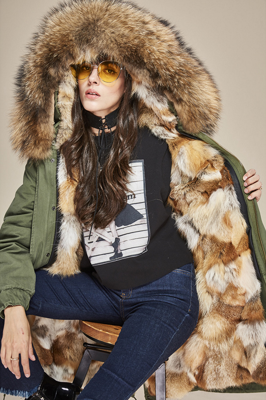 Raccoon Fur Trimmed Hooded Parka with Detachable Fox Fur Liner 134d Details 1