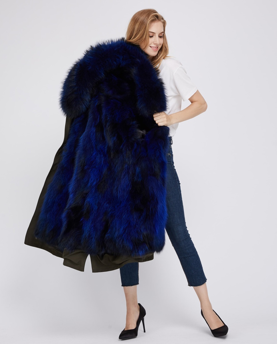 Raccoon Fur Trimmed Hooded Parka with Detachable Fox Fur Liner 242 blue