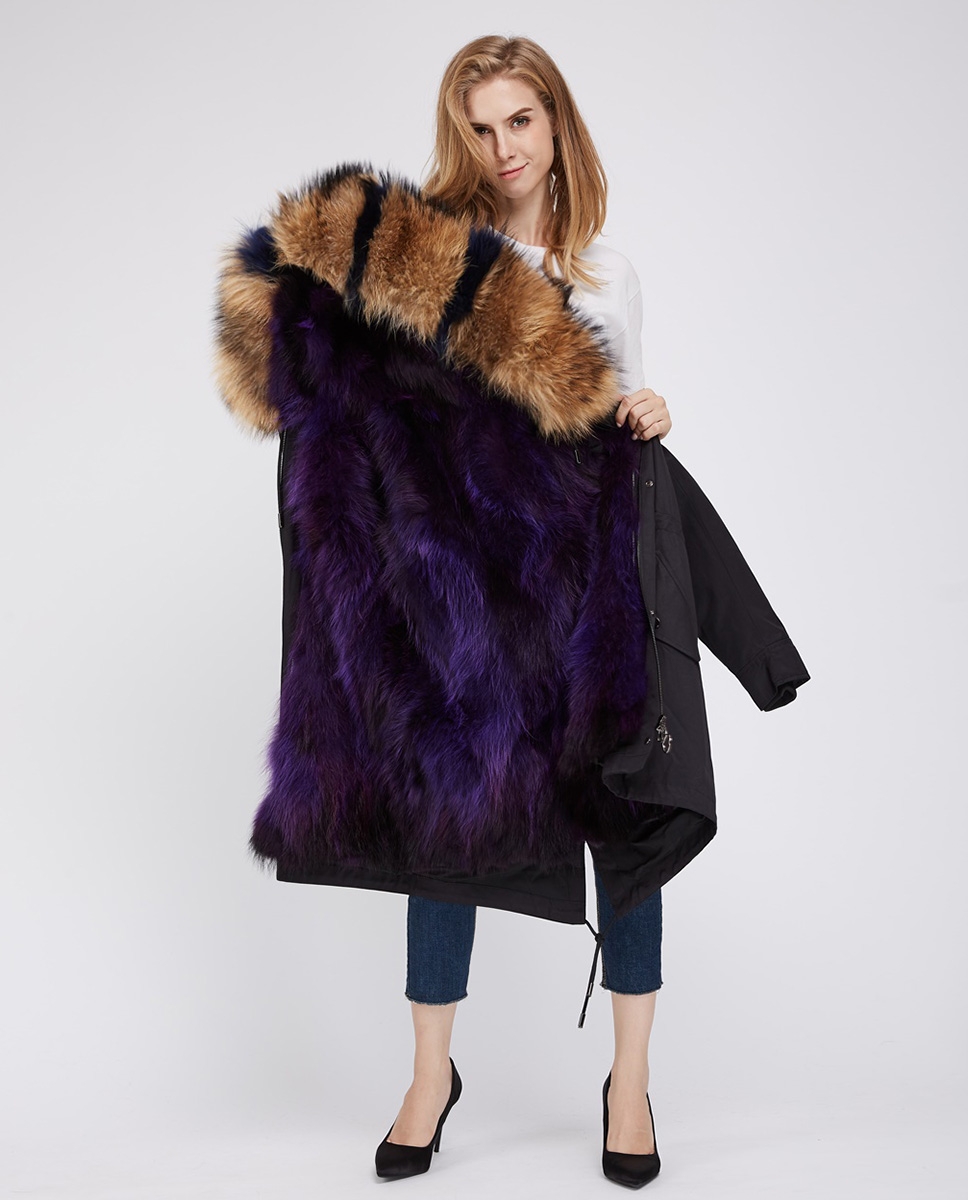 Raccoon Fur Trimmed Hooded Parka with Detachable Fox Fur Liner 242 purple
