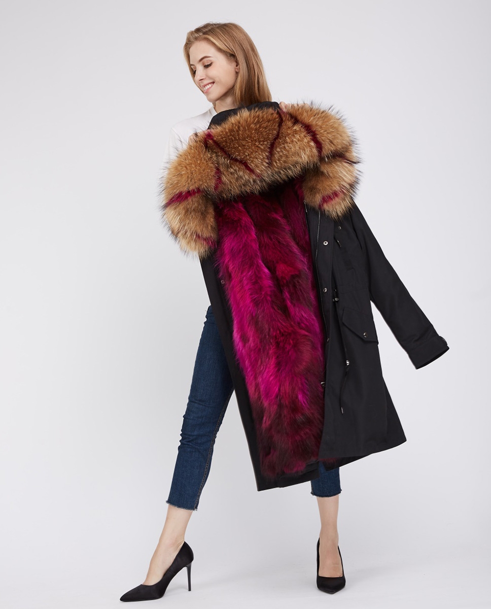Raccoon Fur Trimmed Hooded Parka with Detachable Fox Fur Liner 242 red
