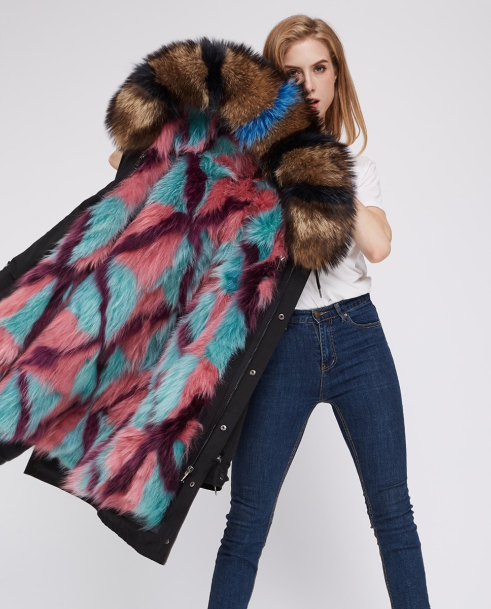 Raccoon Fur Trimmed Hooded Parka with Detachable Fox Fur Liner 242 Multicolor