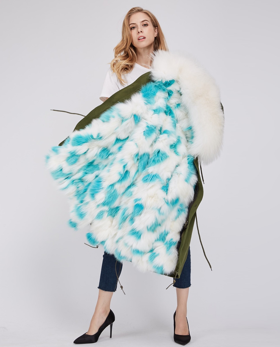 Fox Fur Lined Parka with Raccoon Fur Trimmed Hood 245 Green-White-Aqua
