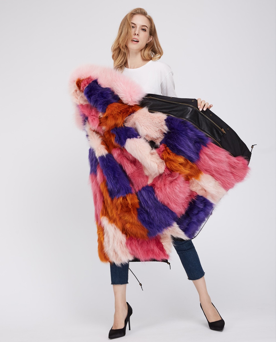 Fox Fur Lined Parka with Raccoon Fur Trimmed Hood 245 Black-Multi-Check