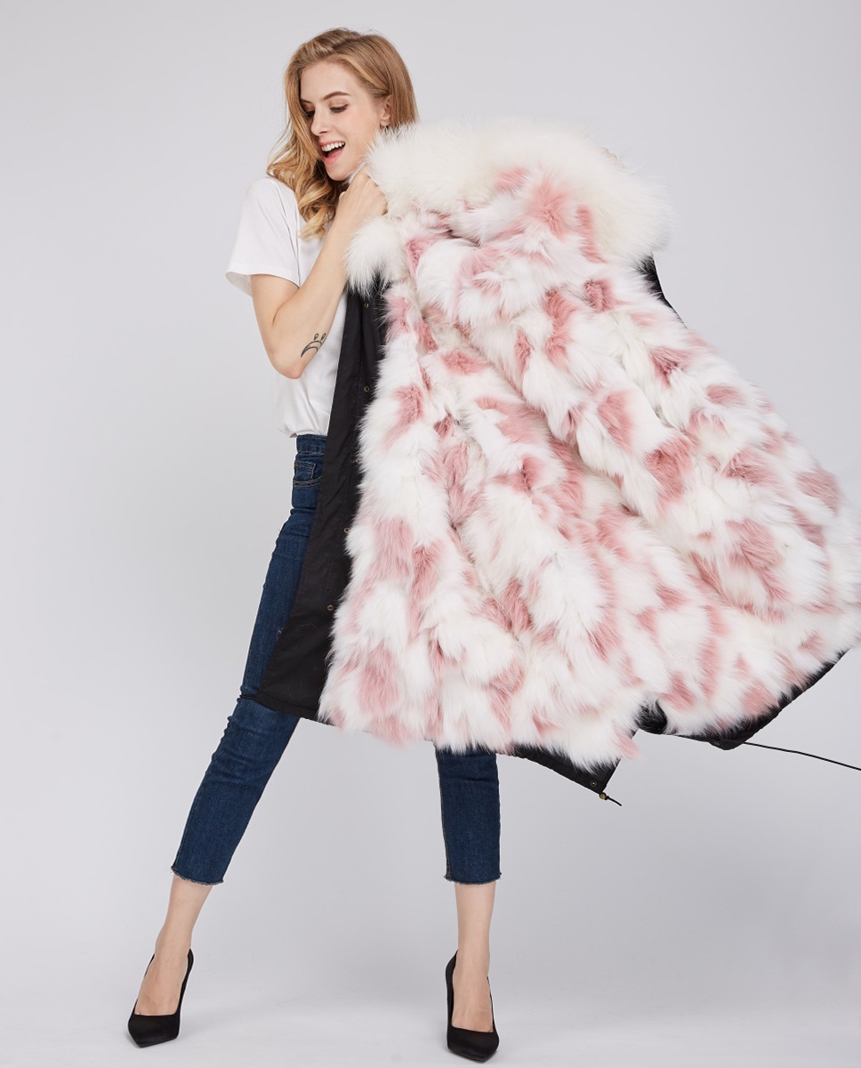 Fox Fur Lined Parka with Raccoon Fur Trimmed Hood 245 Black-White-Pink