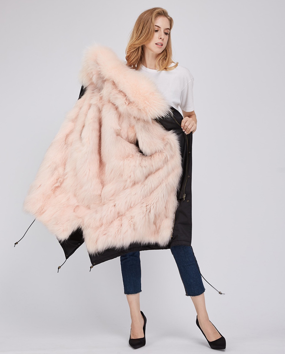 Fox Fur Lined Parka with Raccoon Fur Trimmed Hood 245 Black-Pink