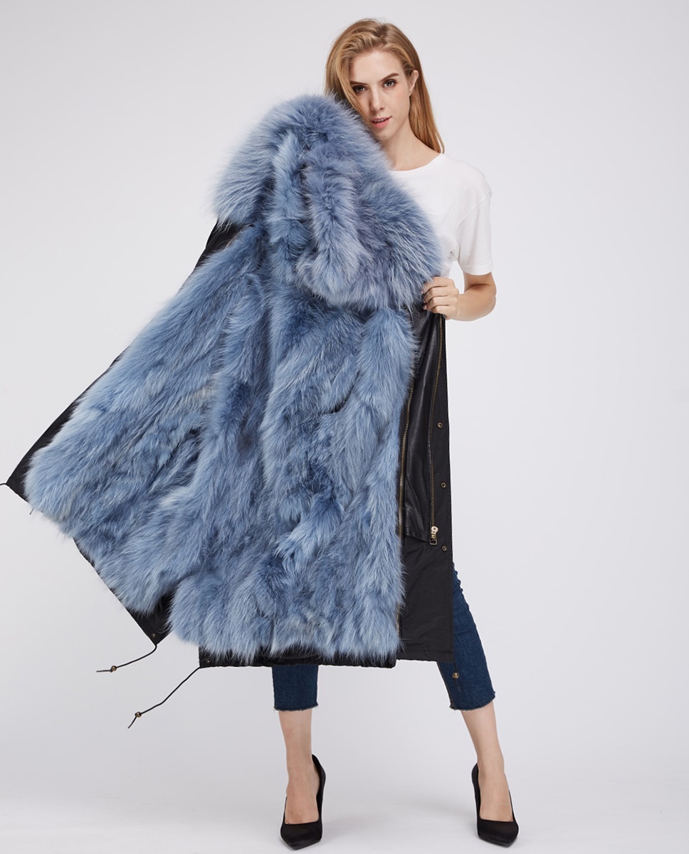 Fox Fur Lined Parka with Raccoon Fur Trimmed Hood 245 Black-Blue