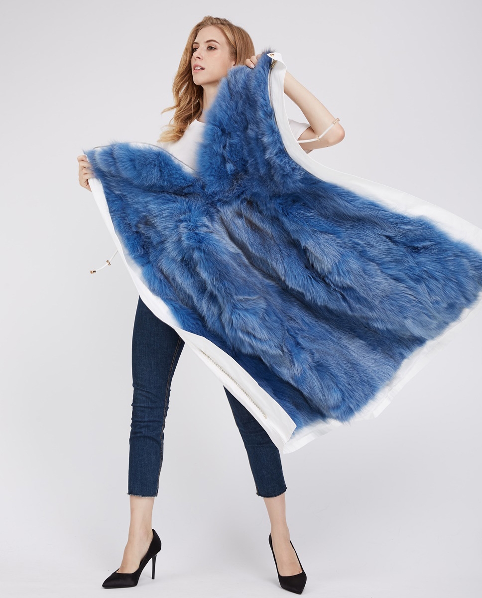 Detachable Fox Fur Lined Cropped Parka with Zipped Hood 247 White-Blue