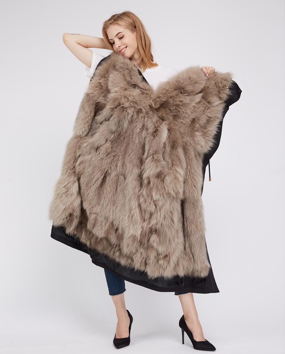 Detachable Fox Fur Lined Cropped Parka with Zipped Hood 247 Black-Gray