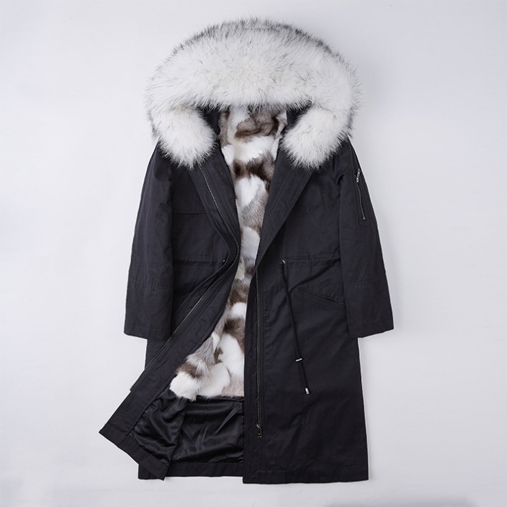 Detachable Fox Fur Lined Parka with Raccoon Fur Trimmed Hood 248 Black-White
