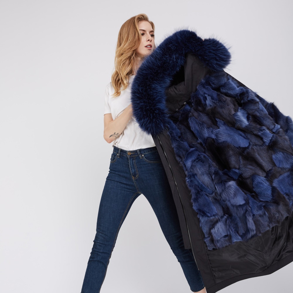 Detachable Fox Fur Lined Parka with Raccoon Fur Trimmed Hood 248 Black-Blue-2