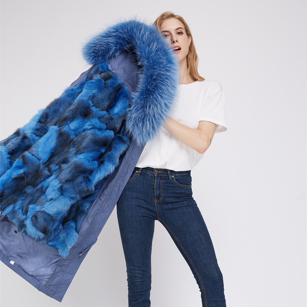 Detachable Fox Fur Lined Parka with Raccoon Fur Trimmed Hood 248 Blue-Blue-2