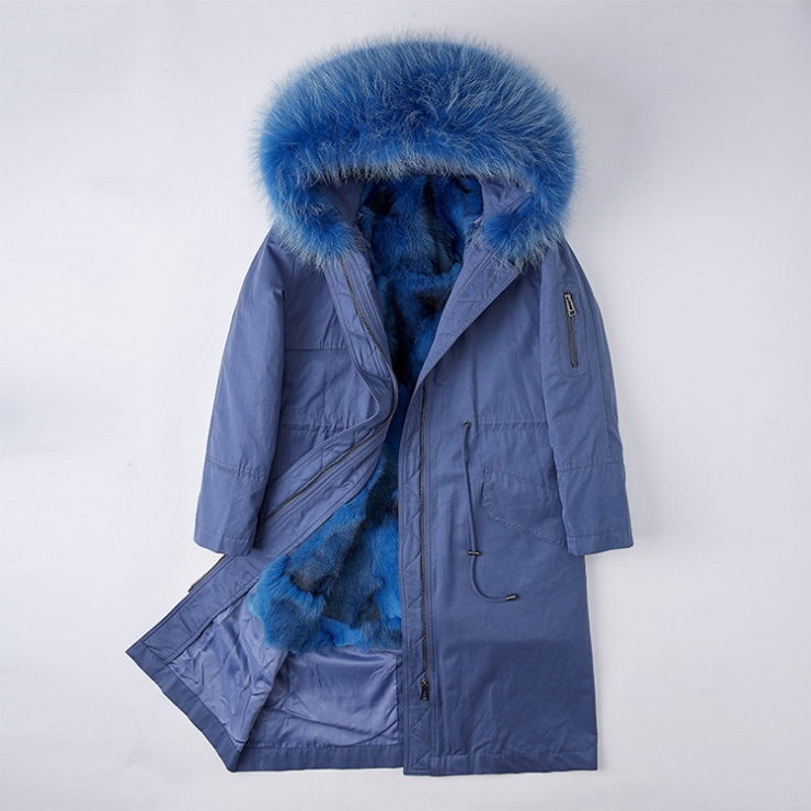 Detachable Fox Fur Lined Parka with Raccoon Fur Trimmed Hood 248 Blue-Blue