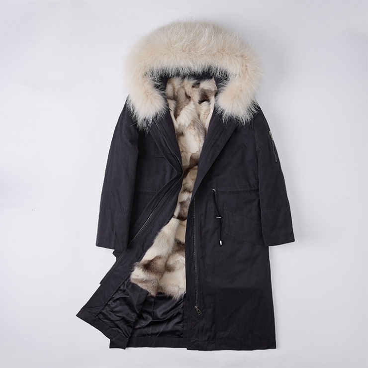 Detachable Fox Fur Lined Parka with Raccoon Fur Trimmed Hood 248 Black-Beige