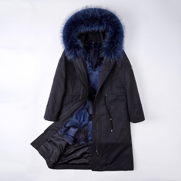 Detachable Fox Fur Lined Parka with Raccoon Fur Trimmed Hood 248 Black-Blue