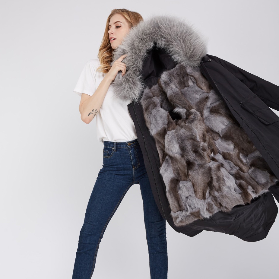 Detachable Fox Fur Lined Parka with Raccoon Fur Trimmed Hood 248 Black-Gray-2