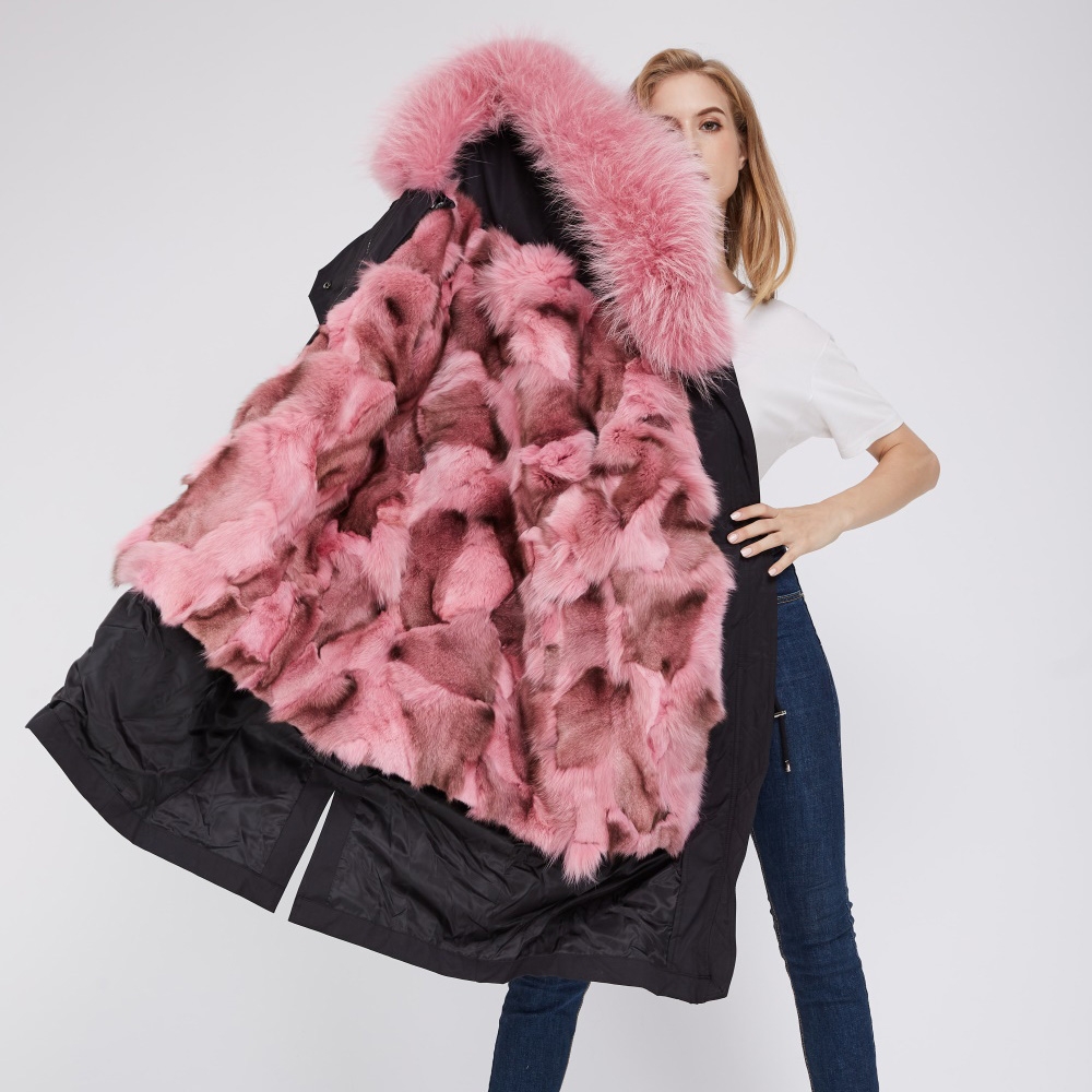 Detachable Fox Fur Lined Parka with Raccoon Fur Trimmed Hood 248 Black-Pink-2