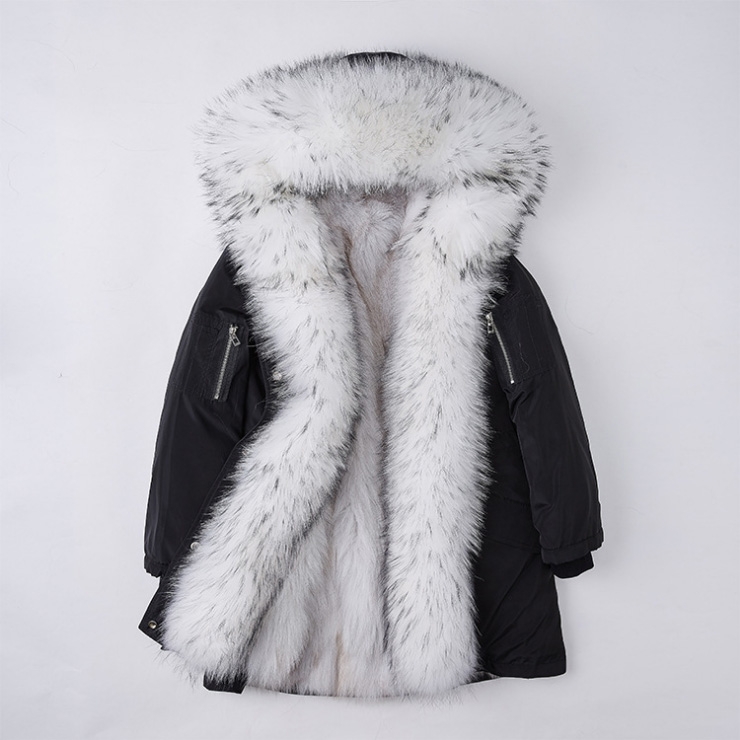 Detachable Fox Fur Lined Hooded Down-filled Parka with Raccoon Fur Trim 249 Black-White-1