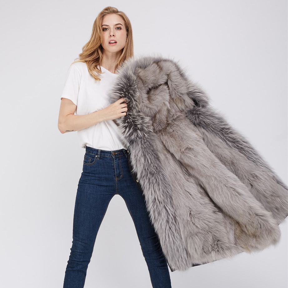 Detachable Fox Fur Lined Hooded Down-filled Parka with Raccoon Fur Trim 249 Black-Gray-2