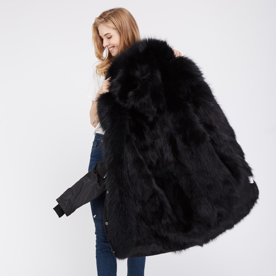 Detachable Fox Fur Lined Hooded Down-filled Parka with Raccoon Fur Trim 249 Black-Black-2