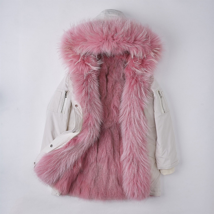 Detachable Fox Fur Lined Hooded Down-filled Parka with Raccoon Fur Trim 249 White-Pink-1