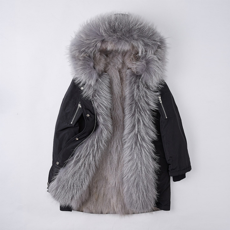 Detachable Fox Fur Lined Hooded Down-filled Parka with Raccoon Fur Trim 249 Black-Gray-1