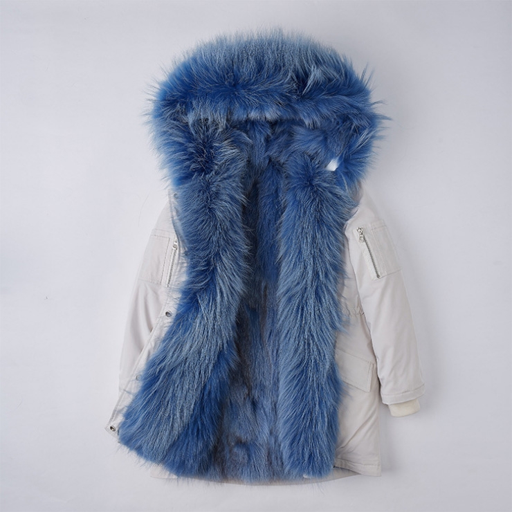 Detachable Fox Fur Lined Hooded Down-filled Parka with Raccoon Fur Trim 249 White-Blue-1