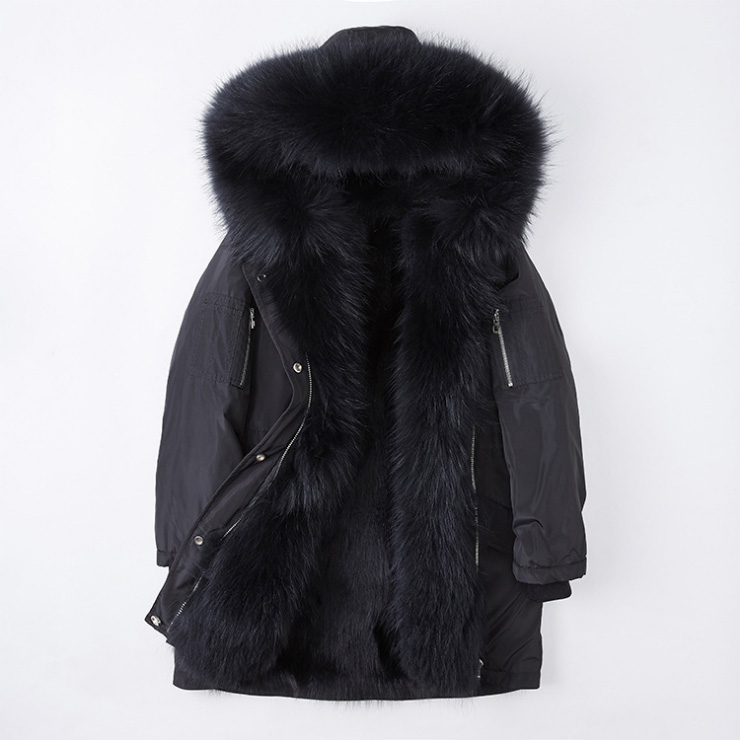 Detachable Fox Fur Lined Hooded Down-filled Parka with Raccoon Fur Trim 249 Black-Black-1