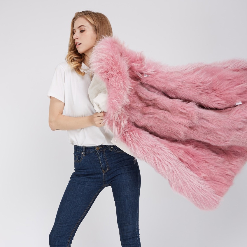 Detachable Fox Fur Lined Hooded Down-filled Parka with Raccoon Fur Trim 249 White-Pink-2