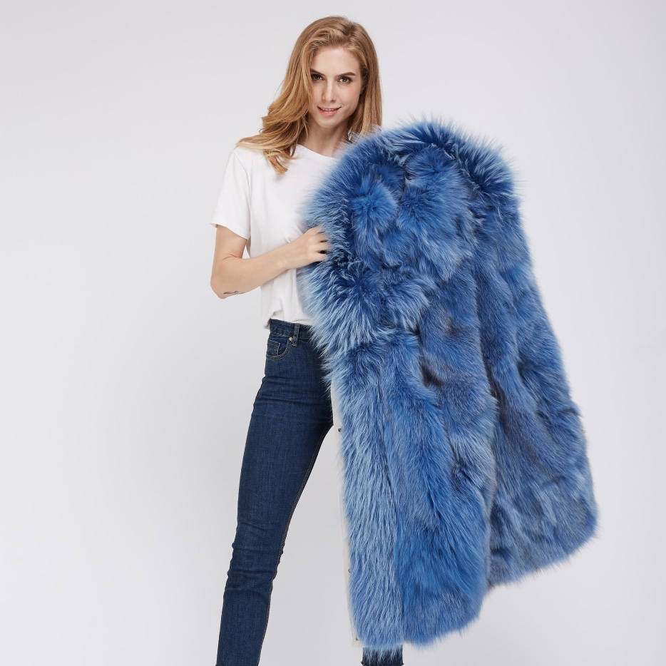 Detachable Fox Fur Lined Hooded Down-filled Parka with Raccoon Fur Trim 249 White-Blue-2