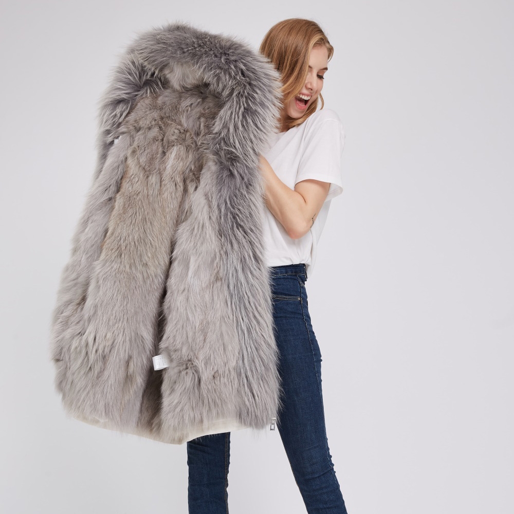 Detachable Fox Fur Lined Hooded Down-filled Parka with Raccoon Fur Trim 249 White-Gray