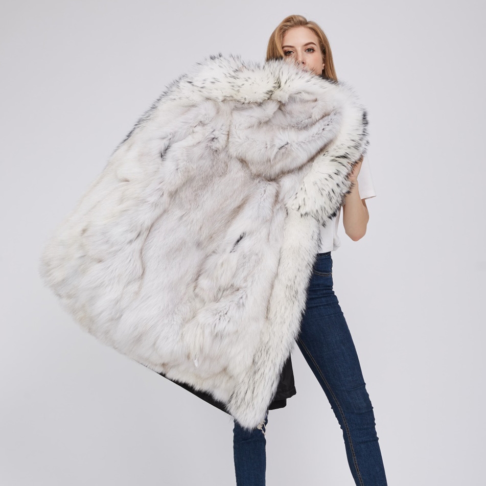 Detachable Fox Fur Lined Hooded Down-filled Parka with Raccoon Fur Trim 249 Black-White-2
