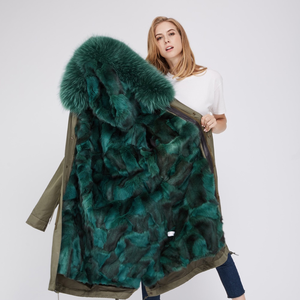 Detachable Fox Fur Lined Parka with Raccoon Fur Trimmed Hood 250 Green-Green-2