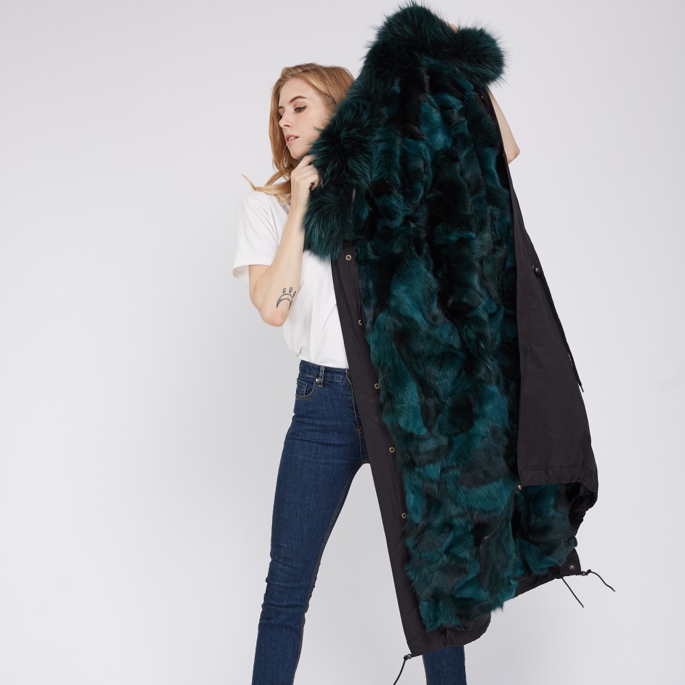 Detachable Fox Fur Lined Parka with Raccoon Fur Trimmed Hood 250 Black-Green-1
