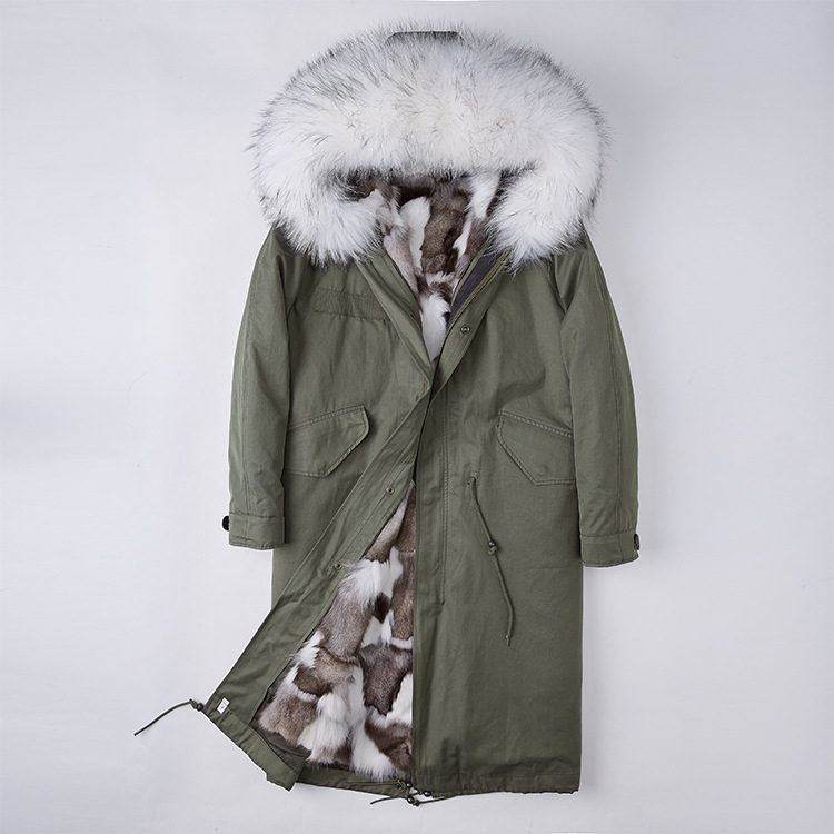 Detachable Fox Fur Lined Parka with Raccoon Fur Trimmed Hood 250 Green-White-1