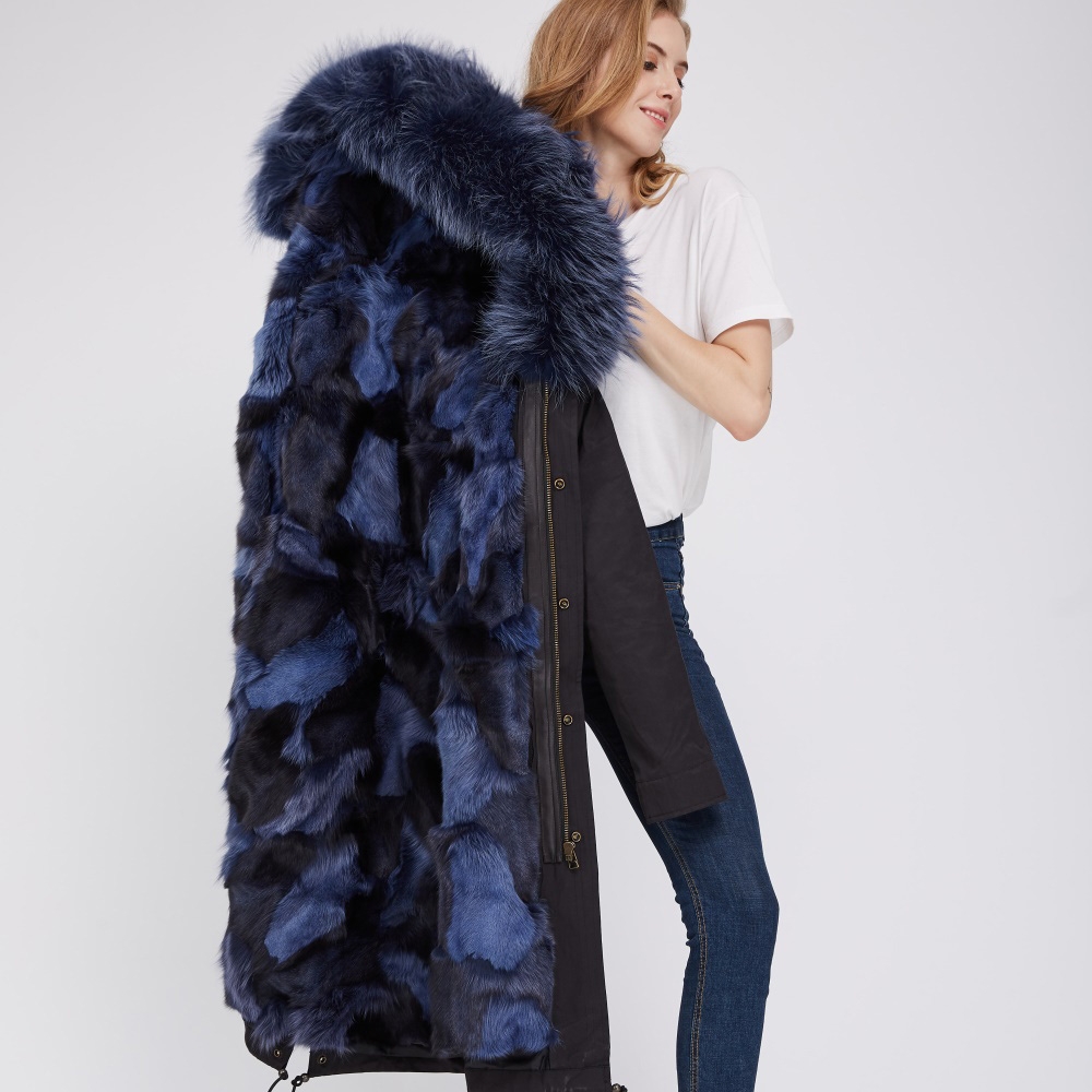 Detachable Fox Fur Lined Parka with Raccoon Fur Trimmed Hood 250 Black-Blue-3
