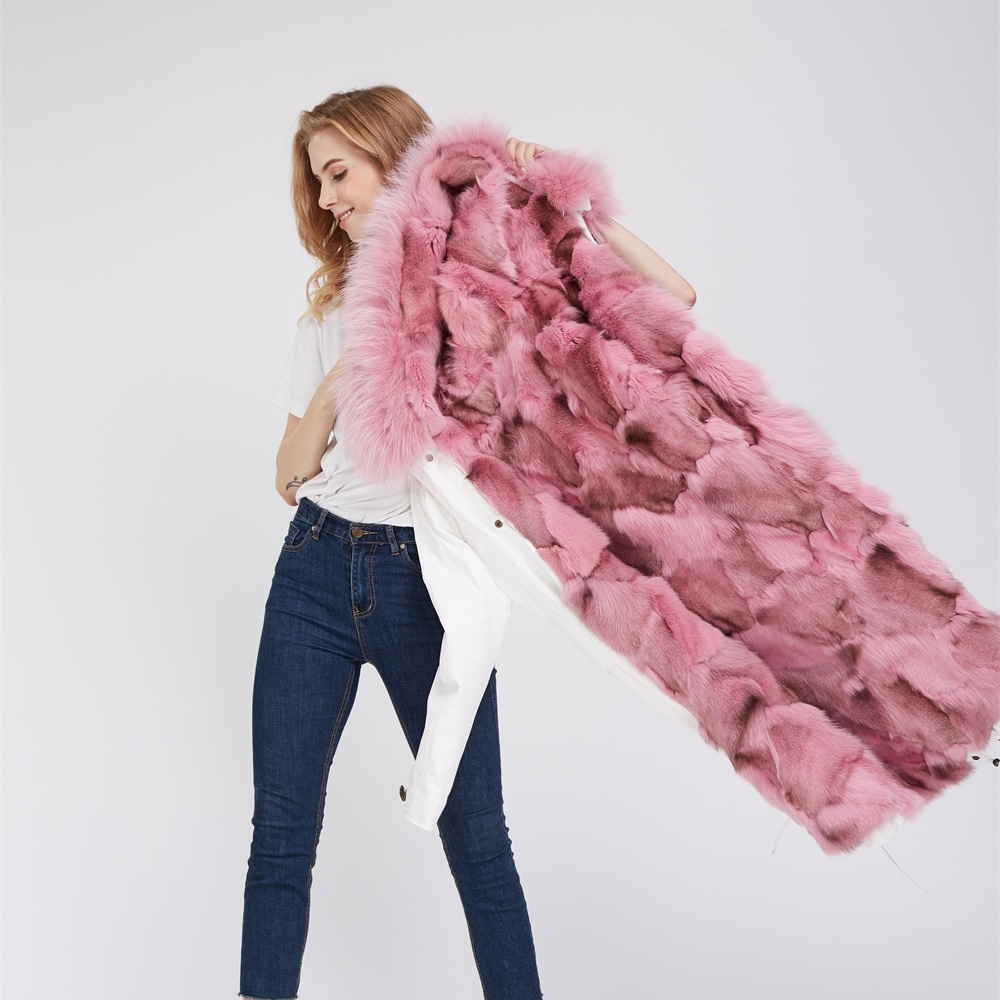 Detachable Fox Fur Lined Parka with Raccoon Fur Trimmed Hood 250 White-Pink-2