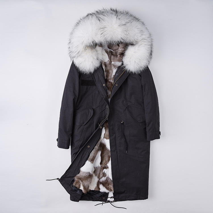 Detachable Fox Fur Lined Parka with Raccoon Fur Trimmed Hood 250 Black-White-1
