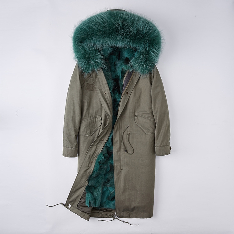Detachable Fox Fur Lined Parka with Raccoon Fur Trimmed Hood 250 Green-Green-1