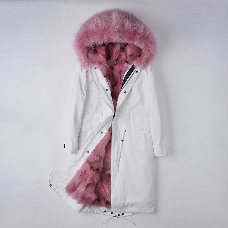 Detachable Fox Fur Lined Parka with Raccoon Fur Trimmed Hood 250 White-Pink-1