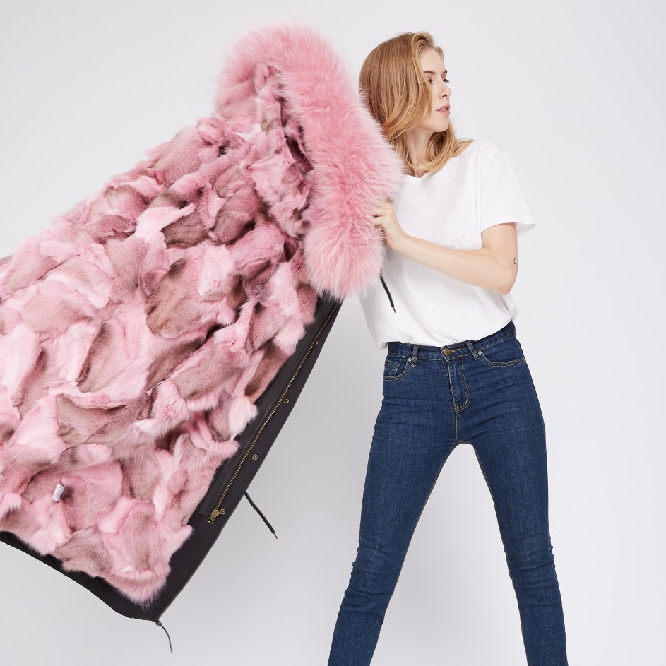 Detachable Fox Fur Lined Parka with Raccoon Fur Trimmed Hood 250 Black-Pink-1