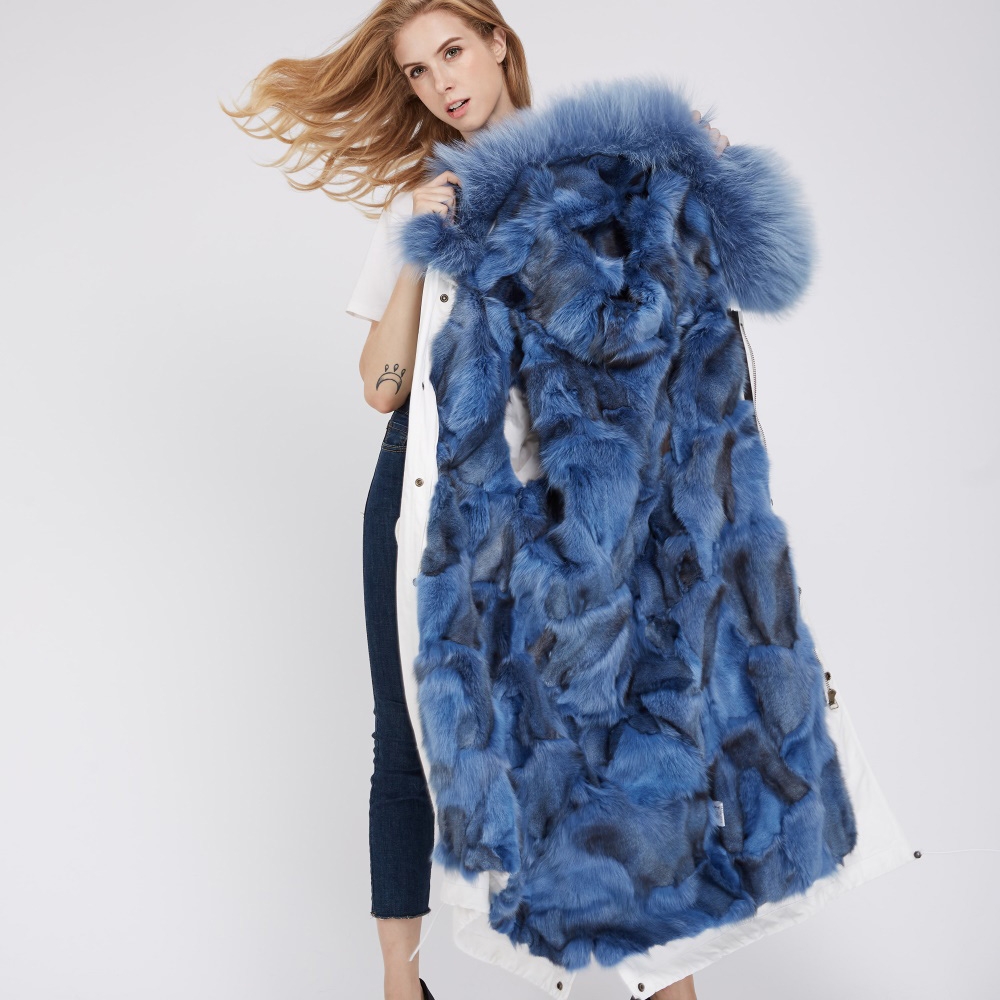 Detachable Fox Fur Lined Parka with Raccoon Fur Trimmed Hood 250 White-Blue-2