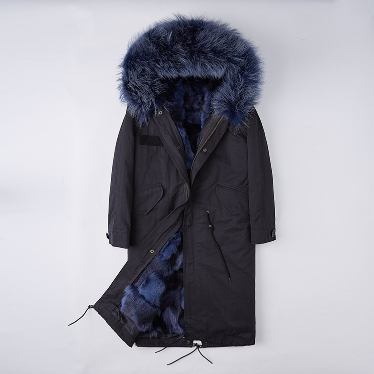 Detachable Fox Fur Lined Parka with Raccoon Fur Trimmed Hood 250 Black-Blue-1