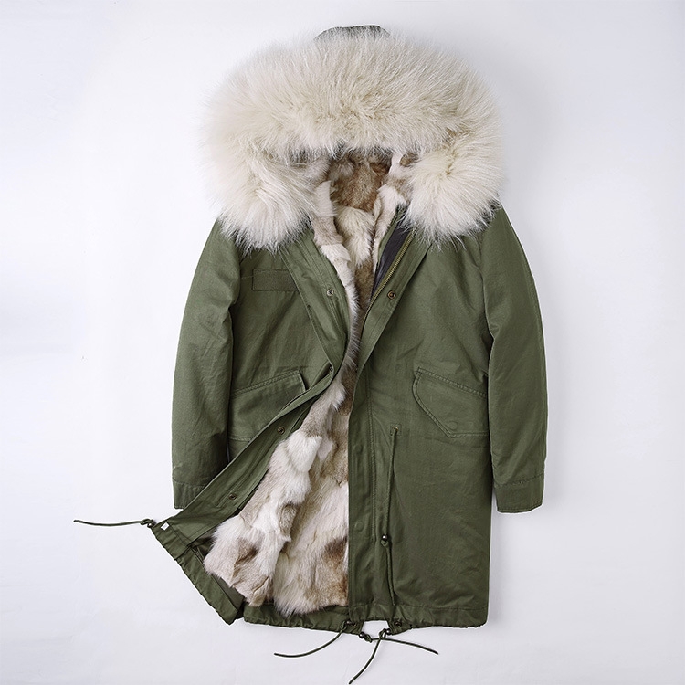 Detachable Fox Fur Liner Parka with Raccoon Fur Trimmed Hood 251 Green-Beige