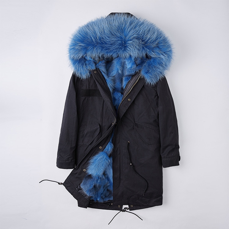 Detachable Fox Fur Liner Parka with Raccoon Fur Trimmed Hood 251 Black-Blue-1