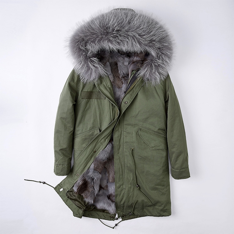 Detachable Fox Fur Liner Parka with Raccoon Fur Trimmed Hood 251 Green-Gray