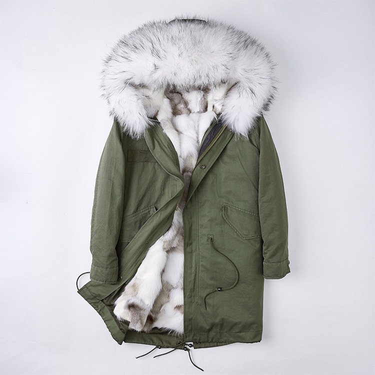 Detachable Fox Fur Liner Parka with Raccoon Fur Trimmed Hood 251 Green-White