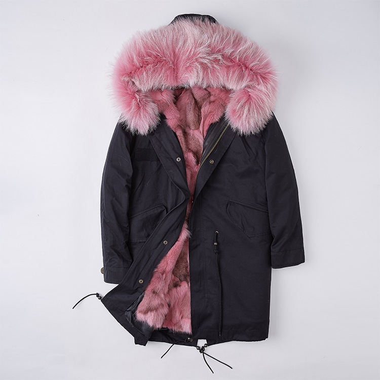 Detachable Fox Fur Liner Parka with Raccoon Fur Trimmed Hood 251 Black-Pink-1