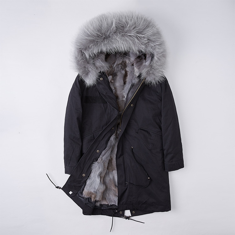 Detachable Fox Fur Liner Parka with Raccoon Fur Trimmed Hood 251 Black-Gray