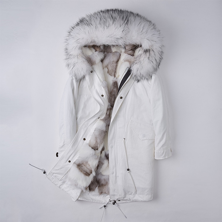 Detachable Fox Fur Liner Parka with Raccoon Fur Trimmed Hood 251 White-White